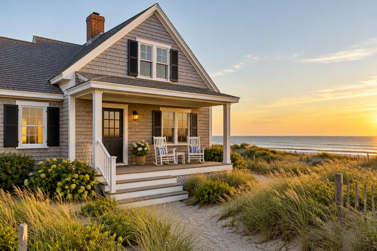 Weathered shingle beach cottage in Montauk with a porch and rocking chairs