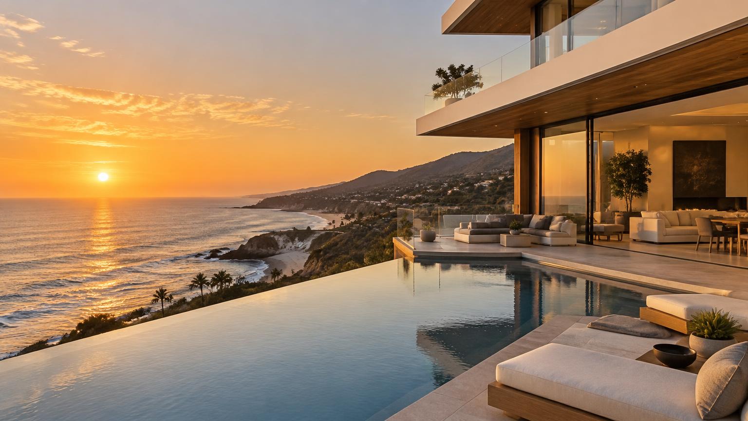 Modern coastal home above the ocean at sunset