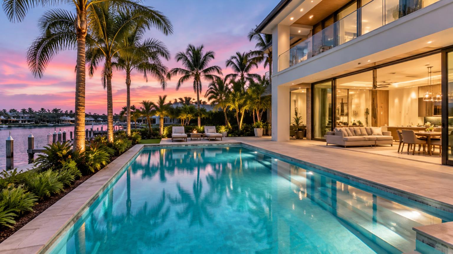 Palm-lined pool home at dusk