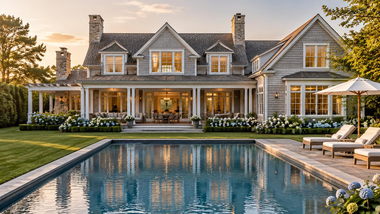 Gray shingle-style estate with a swimming pool in the garden