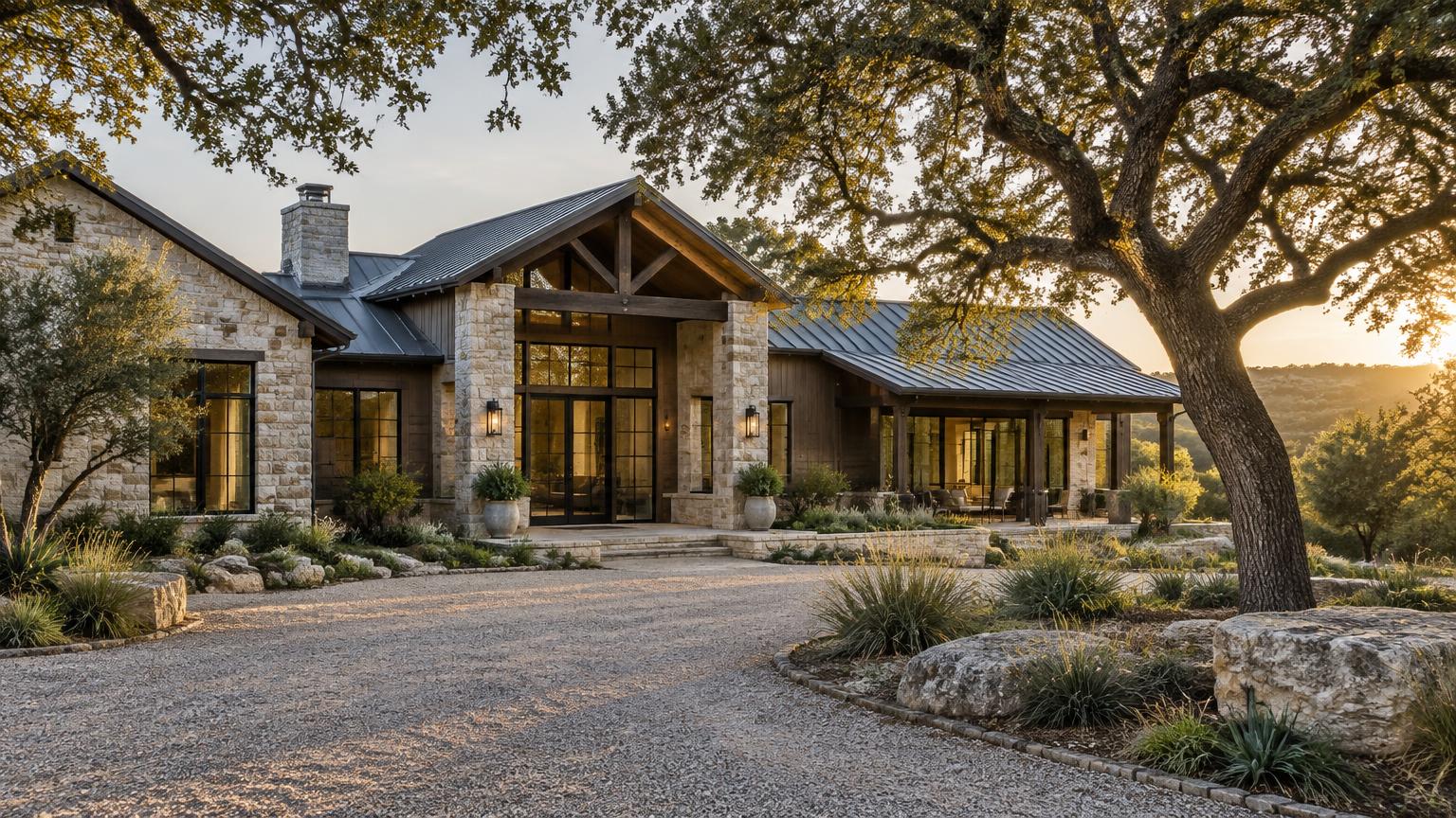 Stone-and-timber ranch house under live oaks